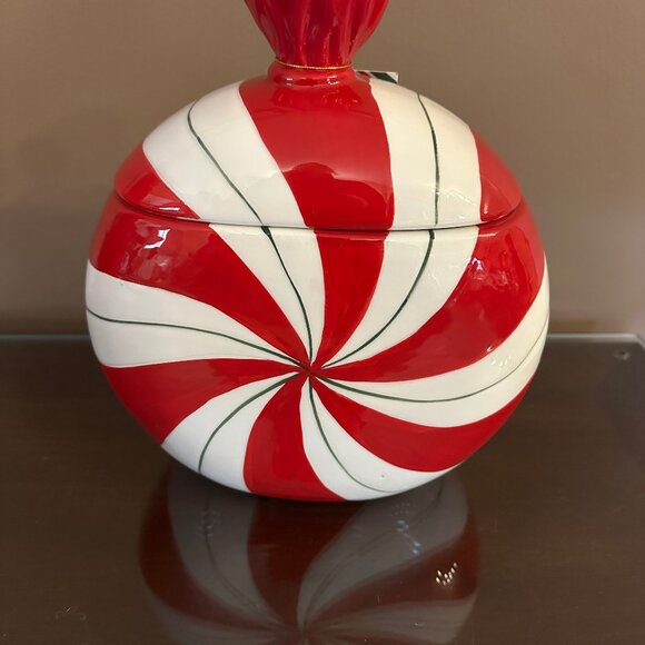 Peppermint Christmas FESTIVE CANDY Striped Cookie Jar Ceramic 9x7" NWT - Picture 6 of 8